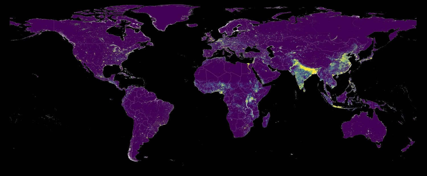 Global map of estimated population distribution in 2025, with brighter yellow and green areas showing greater concentrations of people.